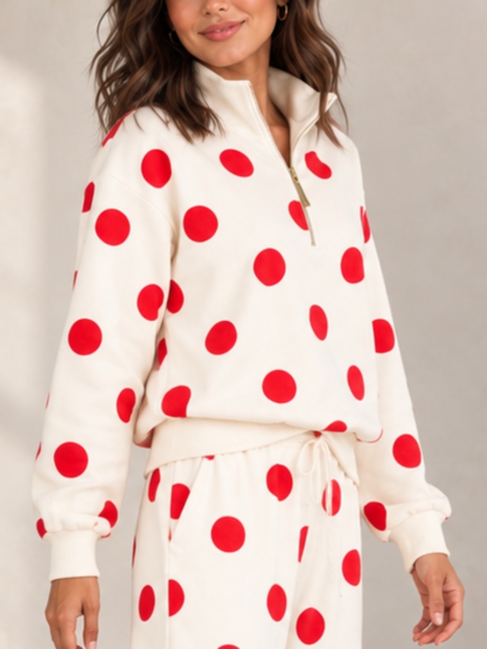 Zenana Cream & Red Polka Dot Quarter Zip Pullover Top